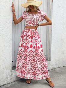 Breezaya Women's Summer Vacation Allover Print Ruffle Hem Crop Top And Mini Skirt 2 Pieces Set - Red and White - View 5