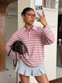 Muchica 粉色条纹针织休闲女式长袖T恤 - 粉色 - 查看 4