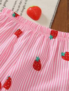SHEIN 2pcs Young Girl SweetCute Princess Strawberry Print Sleeveless TopPants Set,Light Pink Summer Family Matching Striped 3D Embroidery Ruffle Collar - Pink - View 8