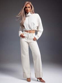 Denimoi Elastic Waist Toggle High Neck Zip Front Cropped Denim Jacket - White - View 3