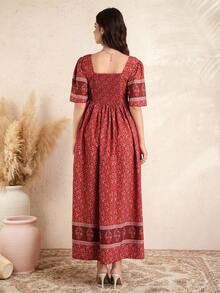 Momance Maternity Bohemian Print Ruffle Sleeve Casual Elegant Dress - Multicolor - View 2