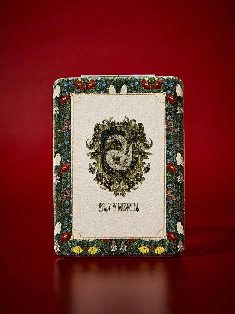 FanGlow HARRY POTTER X SHEIN 1 Pc Green-Patterned PU Leather Flower-Textured Folding Makeup Mirror, Square Vintage Portable Handheld Makeup Tool Makeup Mirror - Green - View 1