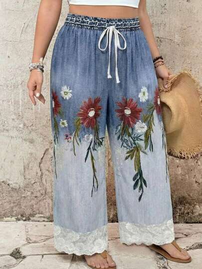 Linhara Plus Size Ombre Print Knotted Lace Patchwork Casual Wide Leg Pants