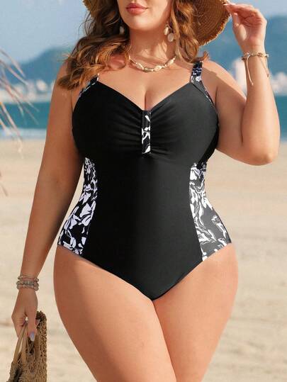 Swim Lushoire Plus Size Women Floral Print Patchwork Spaghetti Strap Beach Swimsuit Set, Spring/Summer