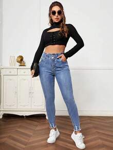SHEIN LUNE Mid-Rise Paper Bag Waist Casual Everyday Jeans - Medium Wash - View 3