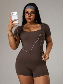 SHEIN Rhythm Era Bộ áo liền quần thể thao tay ngắn cỡ lớn, áo liền quần yoga bó sát có gân, phù hợp cho tập thể dục, luyện tập, áo liền quần định hình cổ vuông màu trơn. - màu nâu - Xem 7