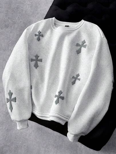 Manfinity EMRG Men's Street-Style Popular INS Matching Cross Full Embroidery Sweatshirt, Suitable For Music Festivals, Nightclubs, Bars, Boyfriend/Husband Gifts, Anniversary Gifts, White Crew Neck Graphic Sweatshirt Embroidered Sweatshirt Sweatshirts