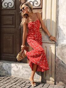 Pariaura 女士性感露背褶皱腰身鱼尾连衣裙，红色花卉印花，夏季假日 - 紅色 - 查看 1