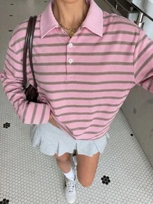 Muchica 粉色条纹针织休闲女式长袖T恤 - 粉色 - 查看 2