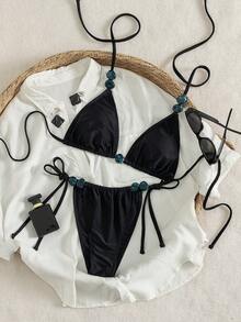 Swim SXY 夏季度假性感串珠露背吊带短款上衣和侧系带三角比基尼套装 - 黑色 - 查看 5