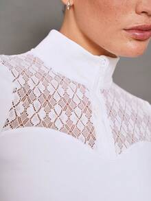 Activina Women's Stand Collar Zipper Half Placket Casual Versatile Daily Equestrian Short Sleeve Top - White - View 6