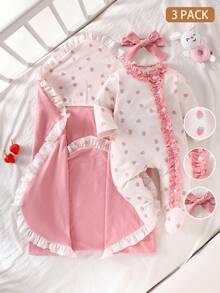 SHEIN 3pcs/Set Newborn Baby Girl Outfit, Strawberry Print Long Sleeve Romper, Reversible Swaddle Blanket, Sweet & Cute, Suitable For Newborn Gift, Baby Shower Gift Baby Girl Clothes Newborn Sets Girl Newborn Girl 0-3 Months Newborn Baby Girl Clothes Baby Girl Clothes 0 3 Months Baby Girl Rompers - Pink - View 1