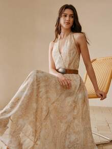 MOTF PREMIUM WOMEN'S ELEGANT WAIST CINCHED HALTER DRESS, SUITABLE FOR SUMMER VACATION - Yellow - View 1