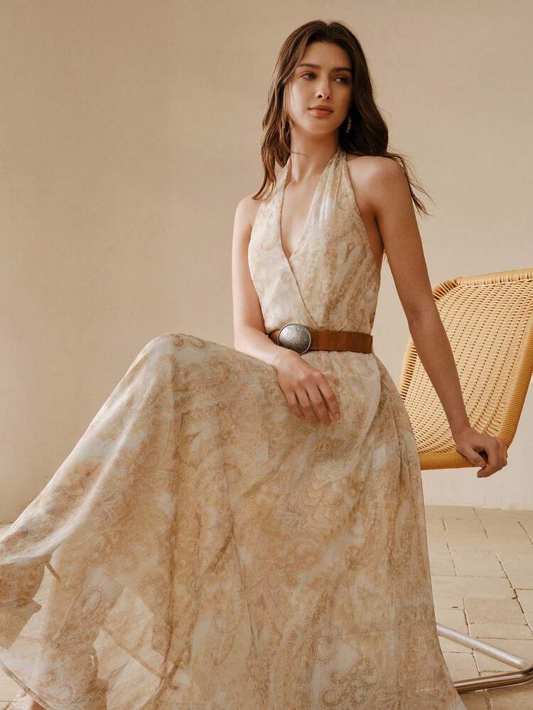 WOMEN'S ELEGANT WAIST CINCHED HALTER DRESS, SUITABLE FOR SUMMER VACATION