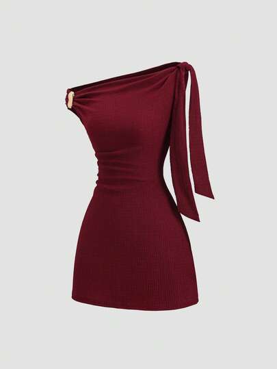 Sweetra Women's Elegant Metal Decor Asymmetrical Shoulder Summer Dress