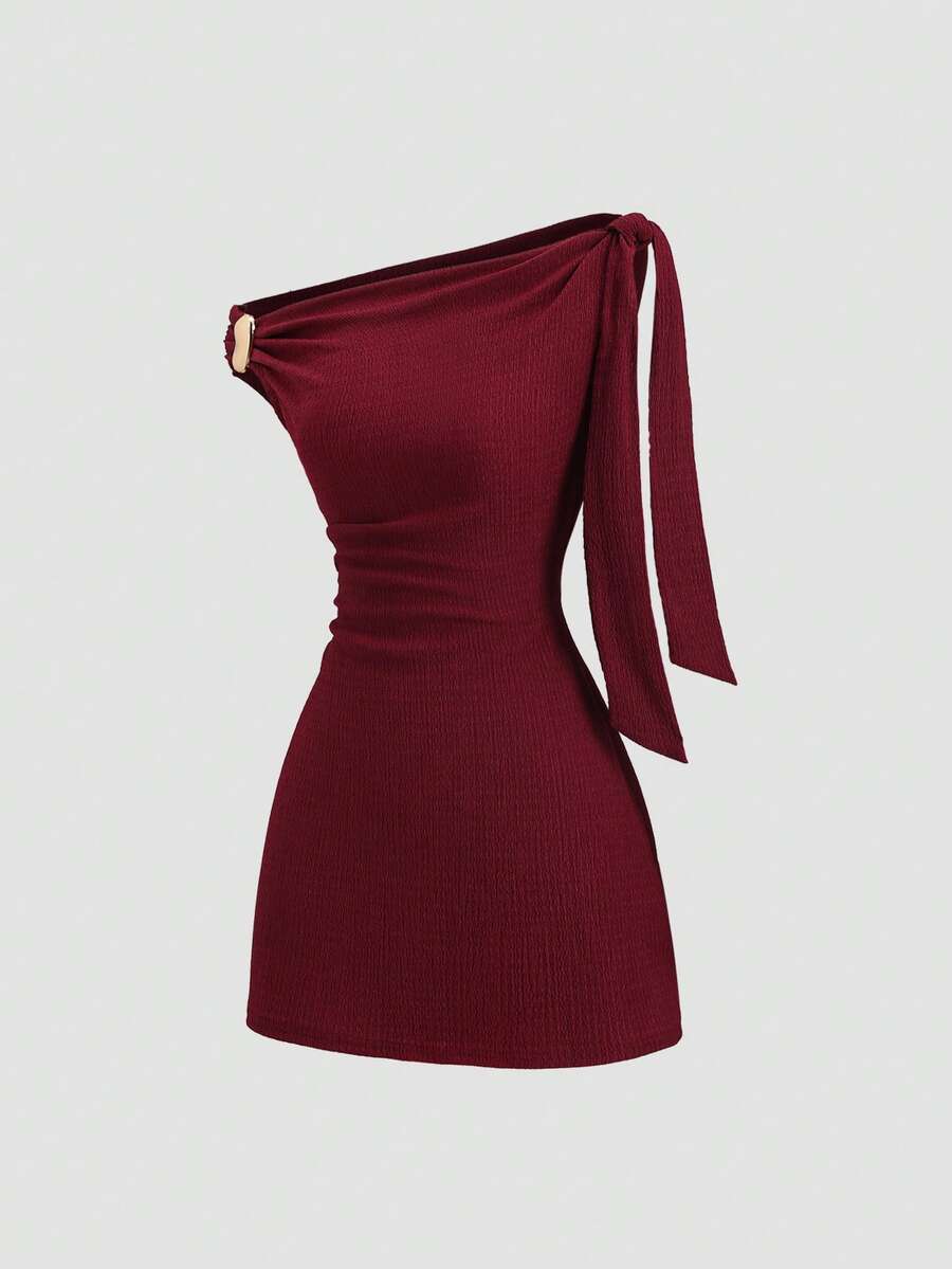 Sweetra Women's Elegant Metal Decor Asymmetrical Shoulder Summer Dress - Burgundy - View 1