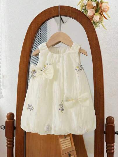 Souflis Souflis 1pc Baby Girls' Round Neck Sleeveless Floral Embroidered Bow Decor A-Line Casual Dress, Apricot Color, Suitable For Summer Outings, Travel, Photography And Other Occasions