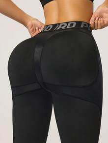 Slayform 黑色字母印花紧身瑜伽裤 - 黑色 - 查看 1