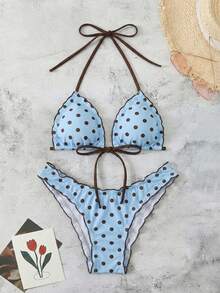 Swim Mod 女士夏季波点印花性感吊带蝴蝶结比基尼两件套泳衣沙滩度假套装 - 藍色 - 查看 6