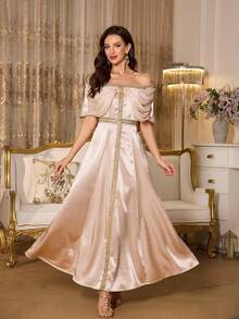 Selianne Women's Elegant Off-Shoulder Ruffle Decor Waist-Cinched A-Line Maxi Dress, Glossy Fabric Suitable For Banquet, Date, Party, Spring/Summer - Champagne - View 3