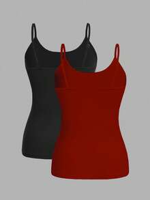 SHEIN EZwear 2 chiếc áo hai dây bó sát màu đen và đỏ dành cho nữ thích hợp cho mùa hè - Nhiều màu - Xem 2