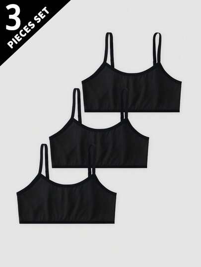 Set de 3 sujetadores sin relleno de color negro sólido, suaves y cómodos, aptos para todas las estaciones, para niñas adolescentes de 13 a 16 años