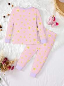 Set Piyama 2 Potong untuk Anak Perempuan: Atasan Lengan Panjang dan Celana Rajut Warna Blok Motif Unicorn & Bintang yang Bercahaya dalam Gelap - MultiWarna - View 2