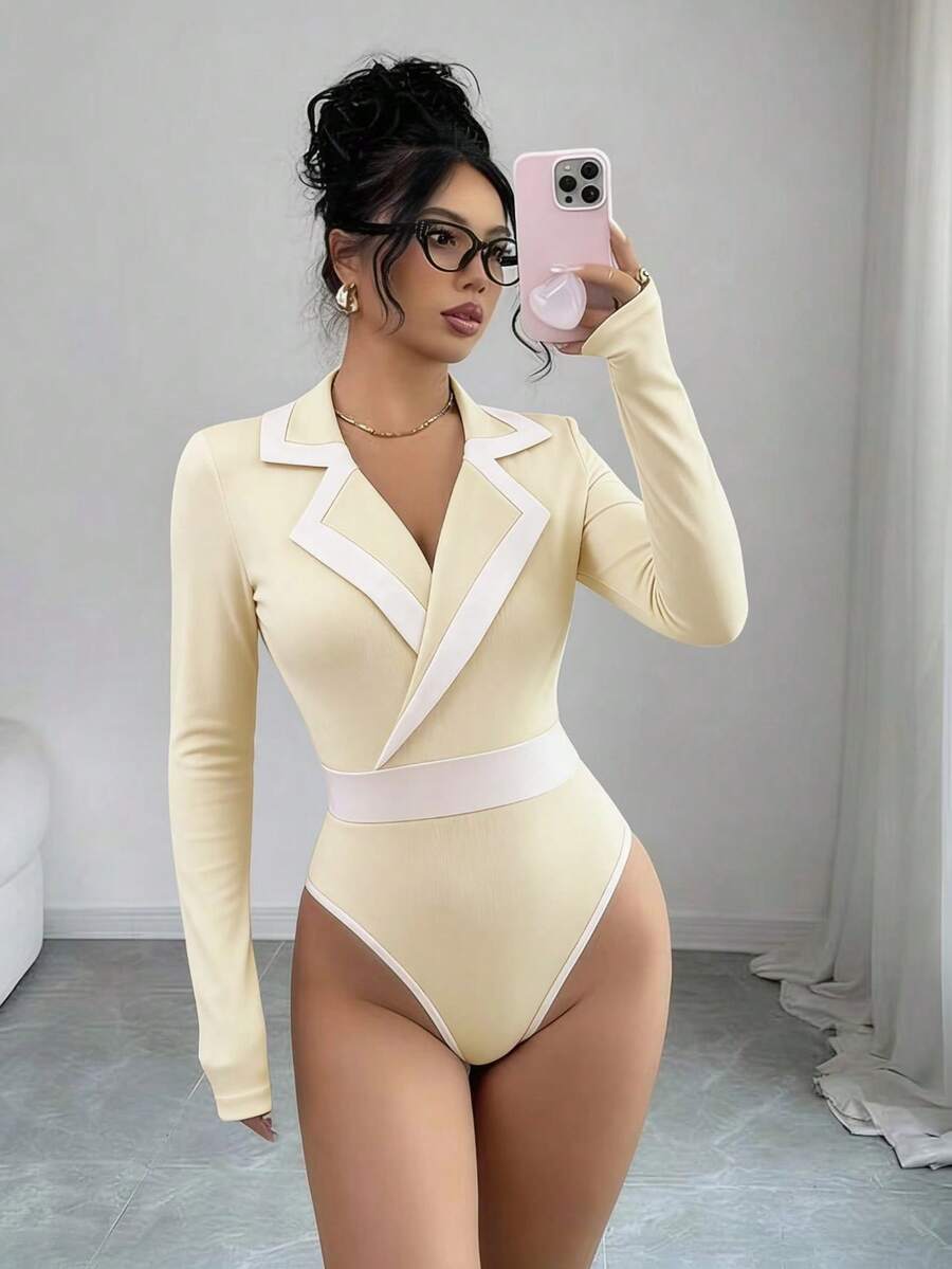 SHEIN Elenzya Standard Size Women's Black & White Patchwork Elegant Bodysuit - Apricot - View 1