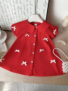SHEIN Đầm mùa hè kiểu dáng thường ngày cho bé gái, trang trí hình bướm, cài cúc phía trước. - Đỏ - Xem 8