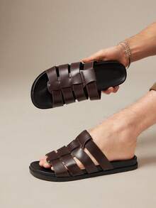 SHUZIA 男士多带渔夫鞋垫高级人造革咖啡色拖鞋——从游艇甲板到城市街区，每一步都充满自信。 - 咖啡棕 - 查看 2