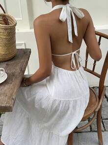 Sunnyshic Apricot Textured Pleated Deep V Halter Backless Cinched Waist Dress, Women Spring/Summer Vacation Boho Beach Wedding Elegant Sweet Minimalist Casual Versatile - Apricot - View 6