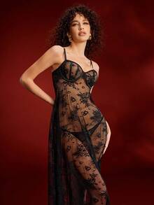 Sexy Lace Alluring Push-Up Mid-Length Women Nightgown - Black - View 4