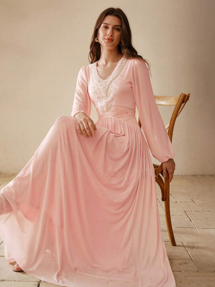 SPRING/SUMMER LOTUS PINK ELASTIC SPANDEX LACE & BEADED DECOR WAIST CINCHED SLIM FIT LONG DRESS FOR WOMEN