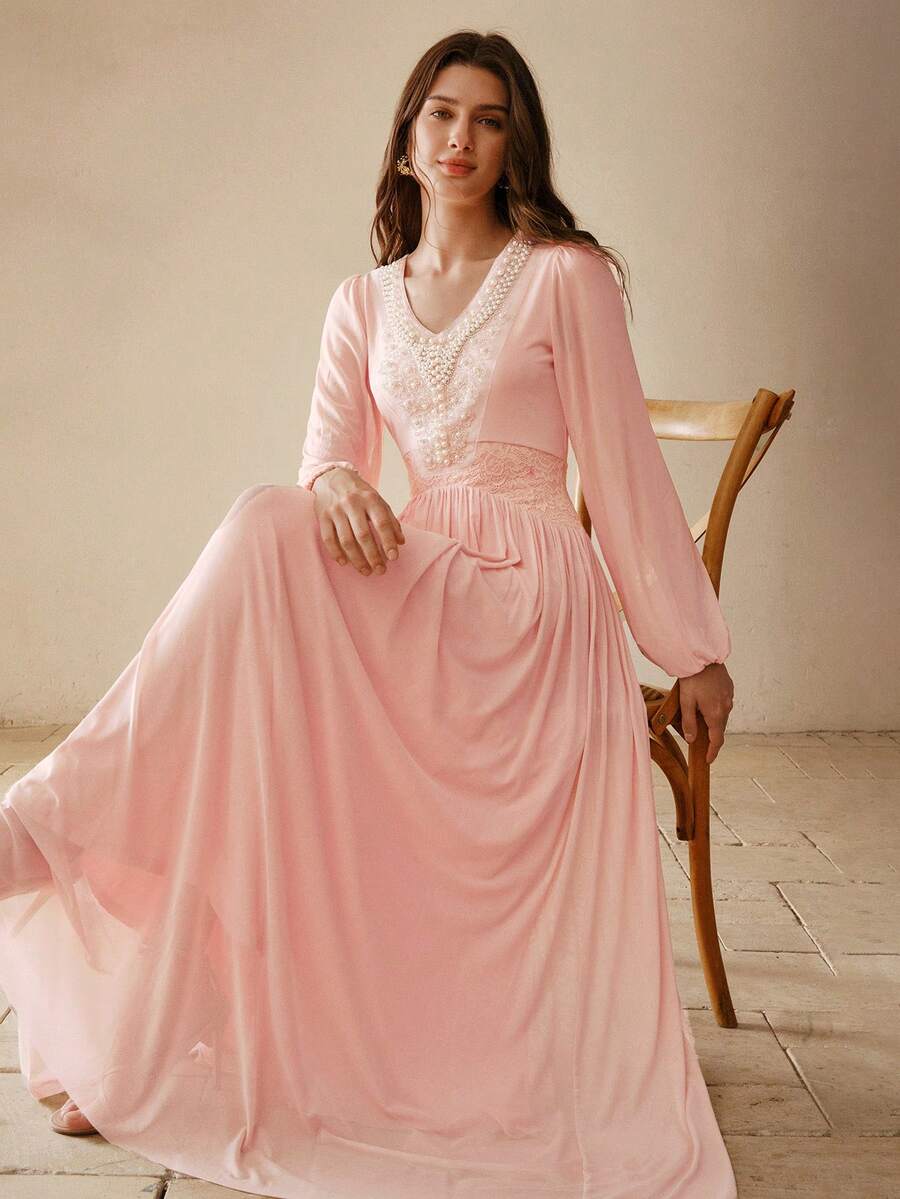 MOTF PREMIUM 春夏莲花粉色弹力氨纶蕾丝串珠装饰收腰修身长裙 - 藕粉色 - 查看 2