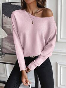 SHEIN LUNE Suéter de Gola Careca Casual Versátil de Manga Longa para Mulheres, Cor Sólida - Rosa chiclete - Visão 4
