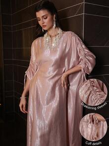 Al Najma Fashionable Elegant V-Neck Batwing Sleeve Ruched Long Dress, Spring/Summer Pink Metallic Kaftan Luxury Kaftan Dress For Evening Party/Wedding Guest/Anniversary Formal Elegant Party Uxury Evening Dresses Wedding Party Dress - Pink - View 5