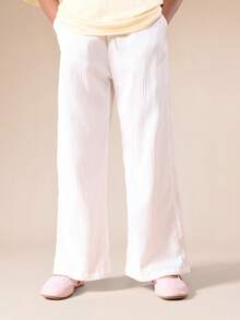 SUMWON 少女印花T恤阔腿裤套装，加州芙蓉花印花，夏季度假两件套休闲女童装 - 黃色 - 查看 4