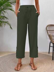 EMERY ROSE Pantalones largos de mujer de verano con cintura de cordón, unicolor y parches de encaje - Verde - Ver 4