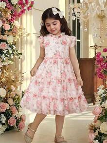 Elladie kids 女童玫瑰印花無袖花朵泡泡袖洋裝，後背拉鍊優雅公主裙，粉色夏季度假日常穿著，2-5歲，適合7歲生日與婚禮 - 粉色 - 查看 4