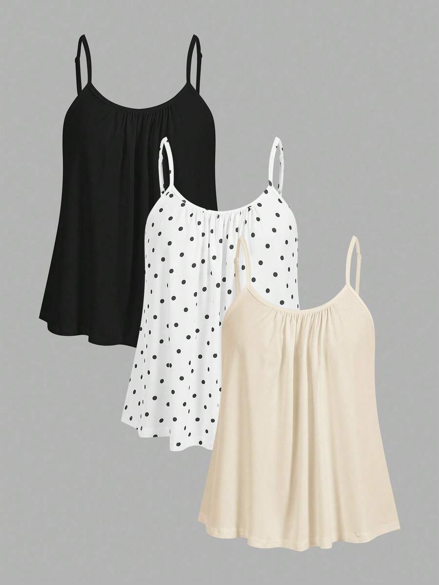 SHEIN EZwear Bộ 3 áo hai dây xếp ly dáng rộng dành cho nữ, có dây đeo điều chỉnh được, thích hợp cho mùa xuân/hè. - Nhiều màu - Xem 1