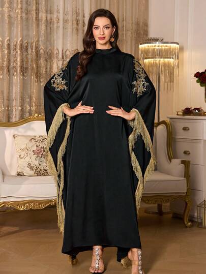 SHEIN Elenzya Women's Elegant Black Loose Dress With Fringe Cuff Details