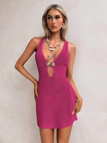 Swim Chiccia Women's Summer Vacation Metal Decor Hollow Out Cover Up Dress - Hot Pink - View 4