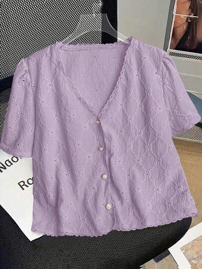 GlowEve CURVE Plus Size Women's Pink Simple Embroidered V-Neck Short Sleeve Blouse, Suitable For Commuting