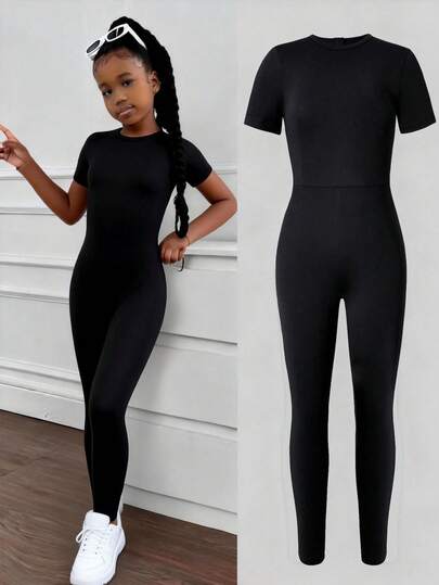 Sparklyn 1 pieza Mono negro minimalista para adolescentes, con detalle ajustable en la cintura, pierna recta suave y amigable con la piel, adecuado para el campus, salidas de fin de semana y fiestas en otoño/invierno