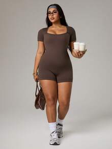 SHEIN Rhythm Era Bộ áo liền quần thể thao tay ngắn cỡ lớn, áo liền quần yoga bó sát có gân, phù hợp cho tập thể dục, luyện tập, áo liền quần định hình cổ vuông màu trơn. - màu nâu - Xem 6