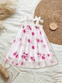 SHEIN 可爱优雅的女婴连衣裙，印花图案，喇叭裙摆，网纱罩面 - 白色 - 查看 3