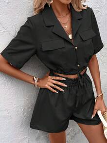 SHEIN LUNE Bộ đồ nữ thường ngày màu trơn gồm áo khoác cổ tàu và quần short, thích hợp cho mùa hè. - màu đen - Xem 3