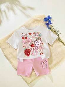 SHEIN Playful Pals 女婴两件套休闲套装，简约甜美草莓蝴蝶结印花圆领短袖T恤搭配粉色短裤，适合春夏、户外活动和上学穿着。 - 彩色 - 查看 2