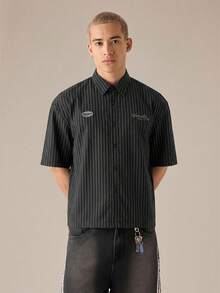 SWAVVY 男士休闲宽松条纹短袖梭织衬衫，日常穿着 - 黑色 - 查看 3