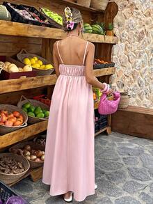 Selianne Pink Spaghetti Strap Ruffle Trim A-Line Dress - Baby Pink - View 2